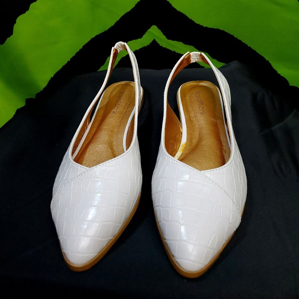 Royal Monk White Reptile Leatherette Pointed Toe Slingback Cove Flats - Size 39